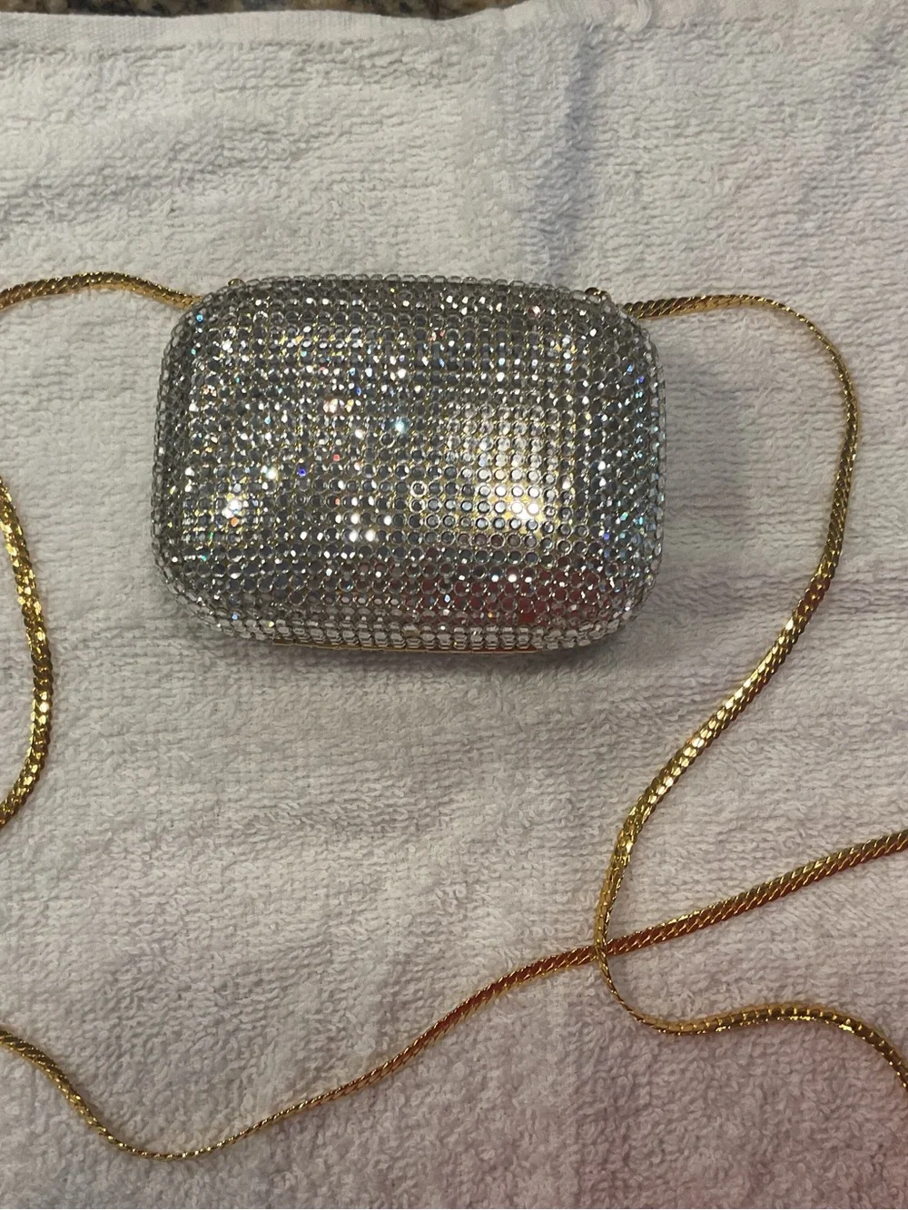 Silver Crystal Evening Clutch with Gold Chain Strap